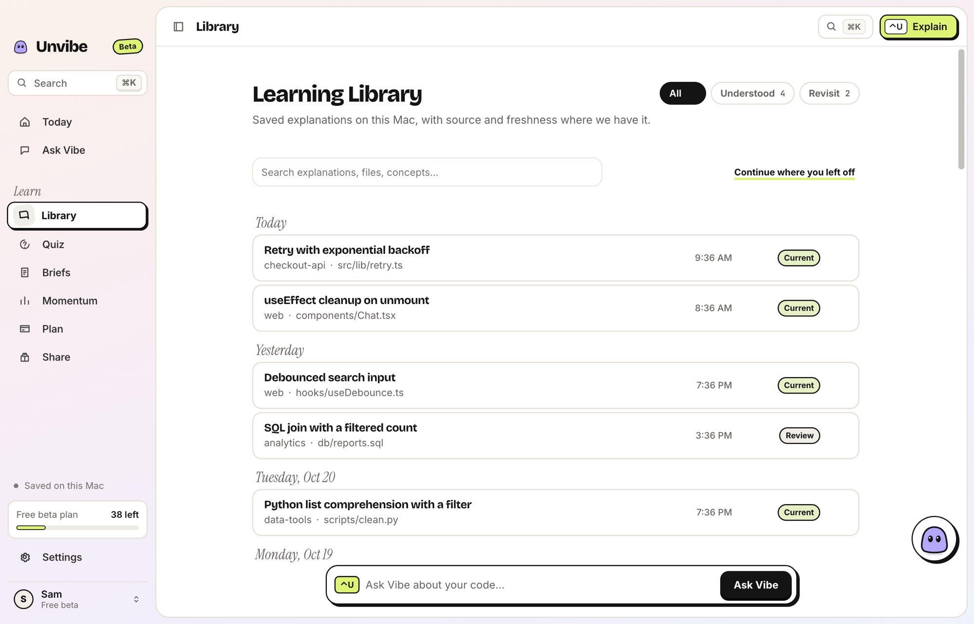Unvibe 0.1.43 Library with sample lessons and Current or Review freshness labels