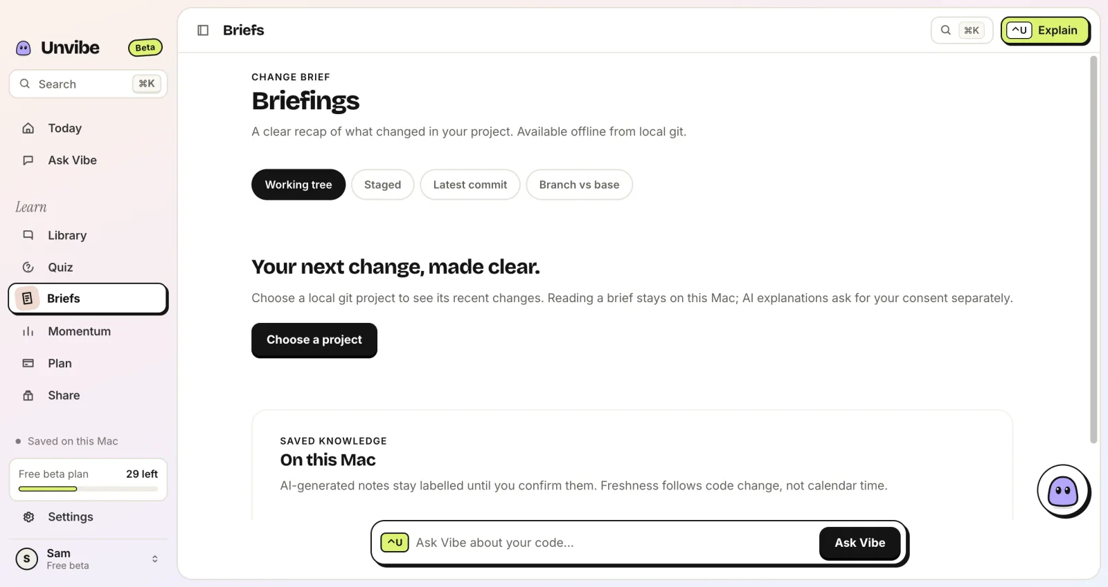 The Unvibe Briefs page with working tree, staged, latest commit and branch options
