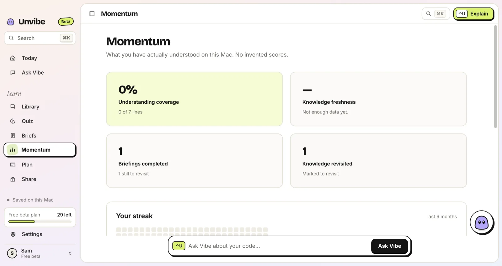 The Unvibe Momentum page with understanding coverage and a streak calendar
