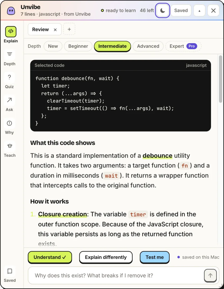 The Unvibe panel explaining a JavaScript debounce function, with depth buttons along the top