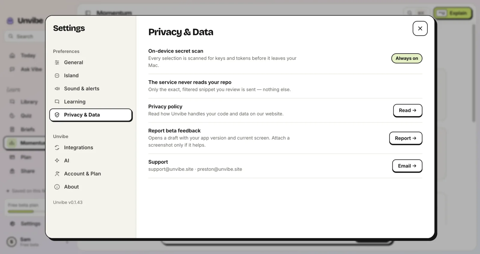 Unvibe Privacy & Data settings showing the always-on secret scan